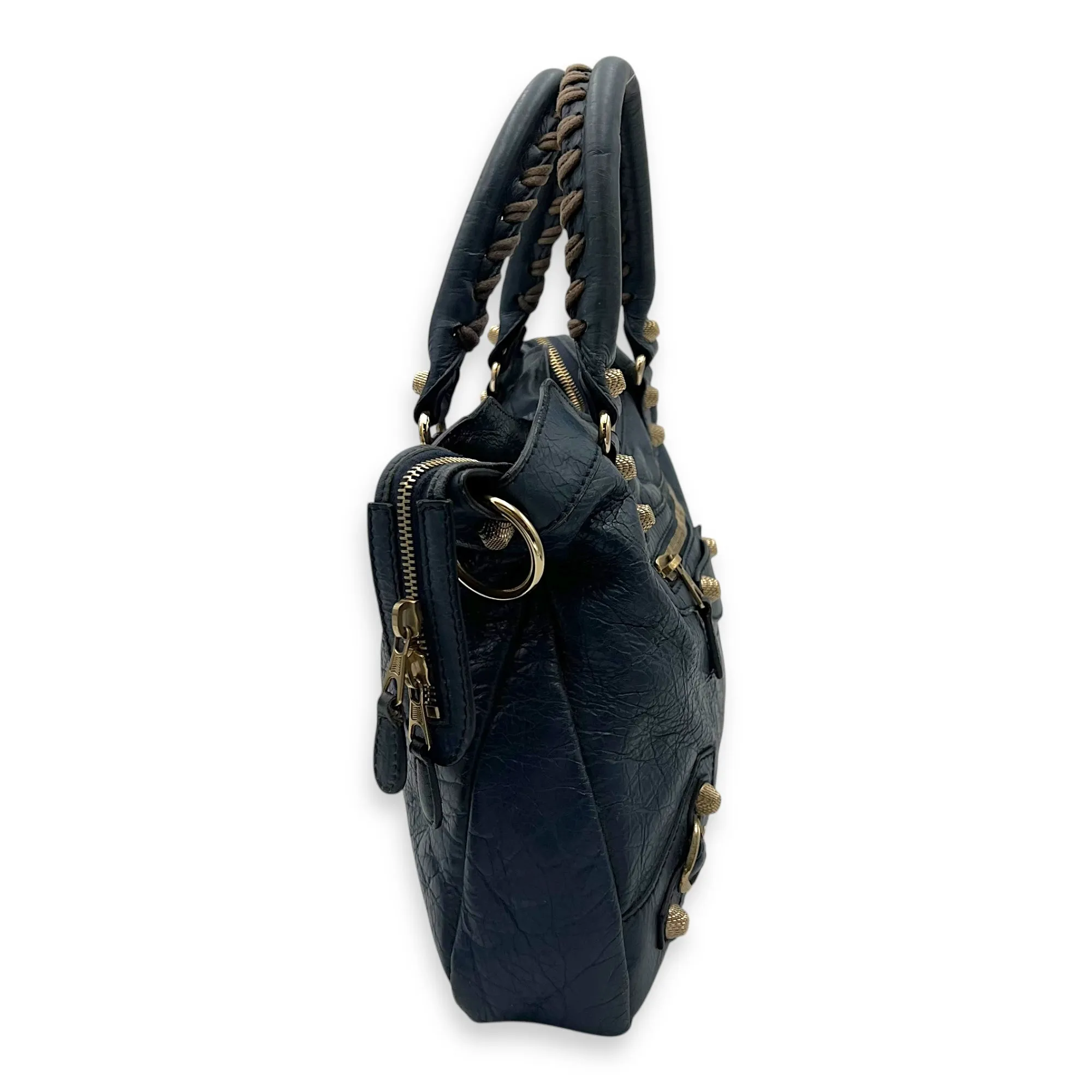 Town Blue Top Handle Bag in Distressed Leather, Gold hardware