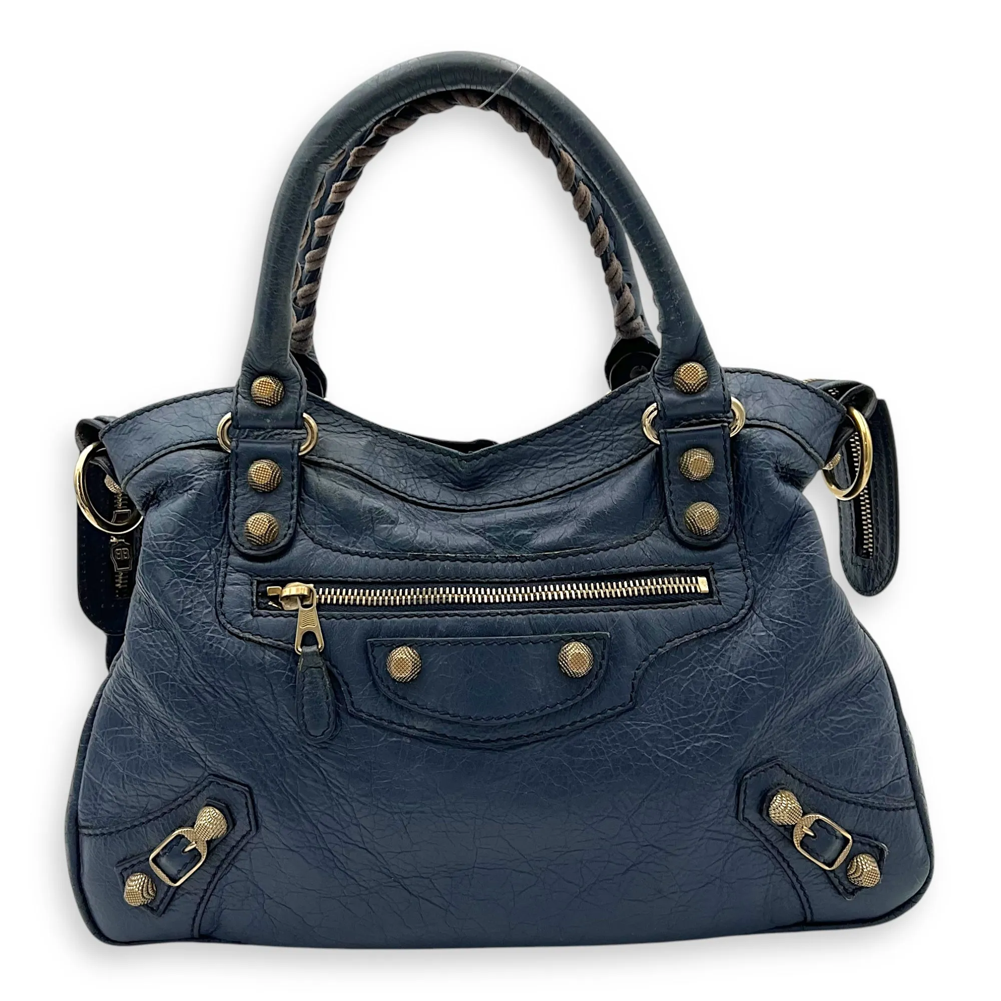 Town Blue Top Handle Bag in Distressed Leather, Gold hardware