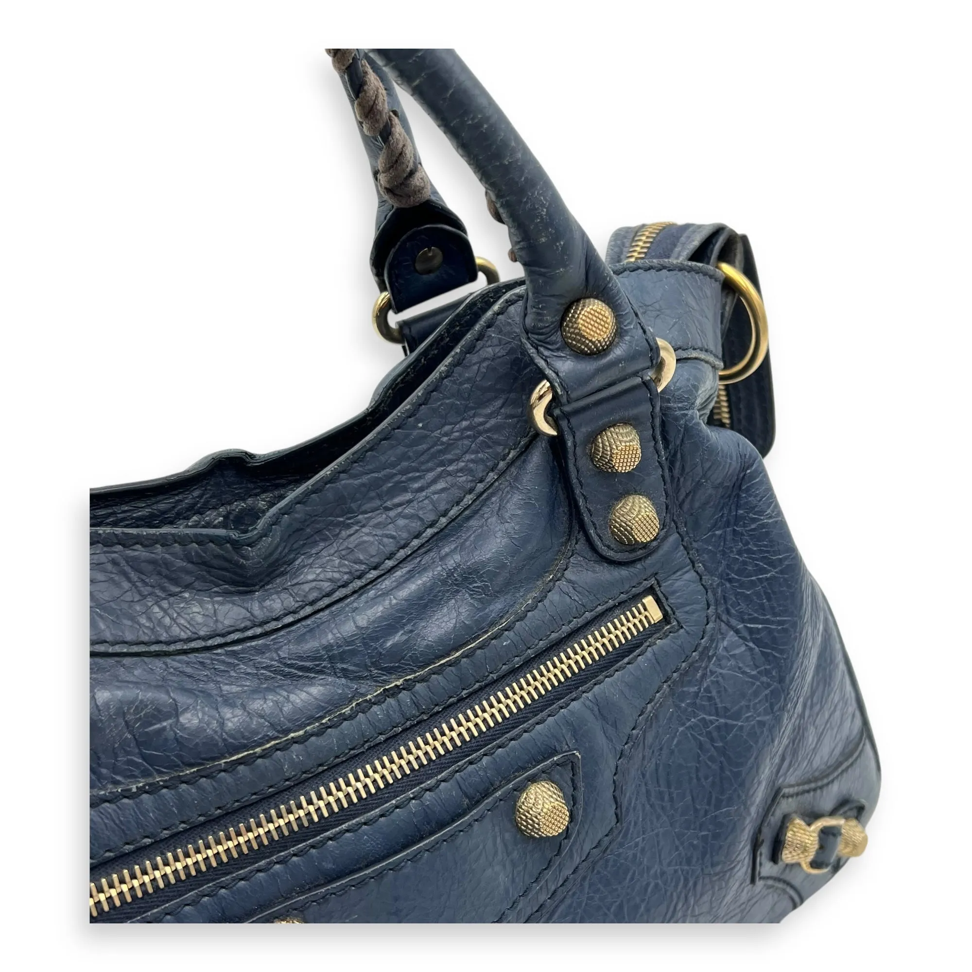 Town Blue Top Handle Bag in Distressed Leather, Gold hardware