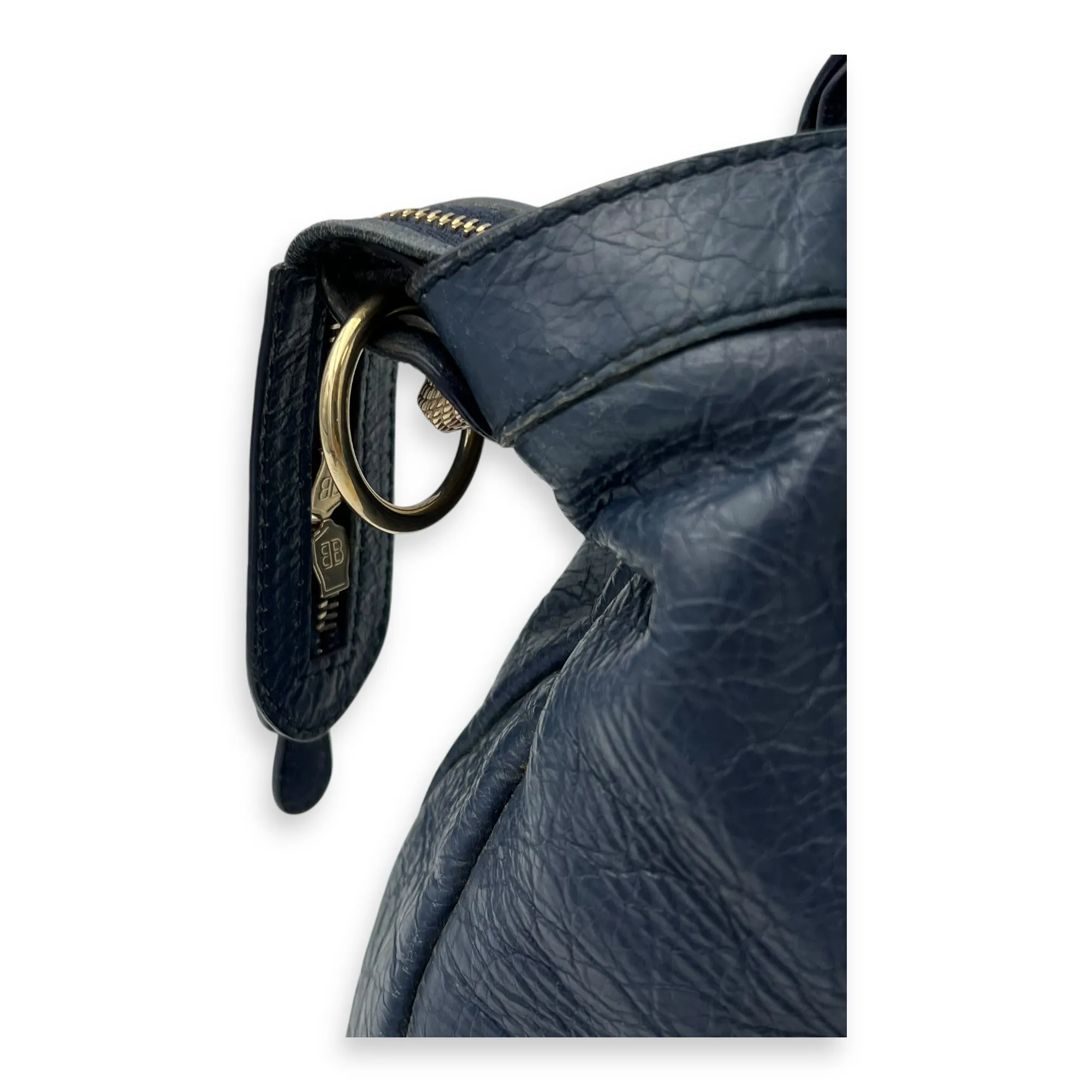 Town Blue Top Handle Bag in Distressed Leather, Gold hardware