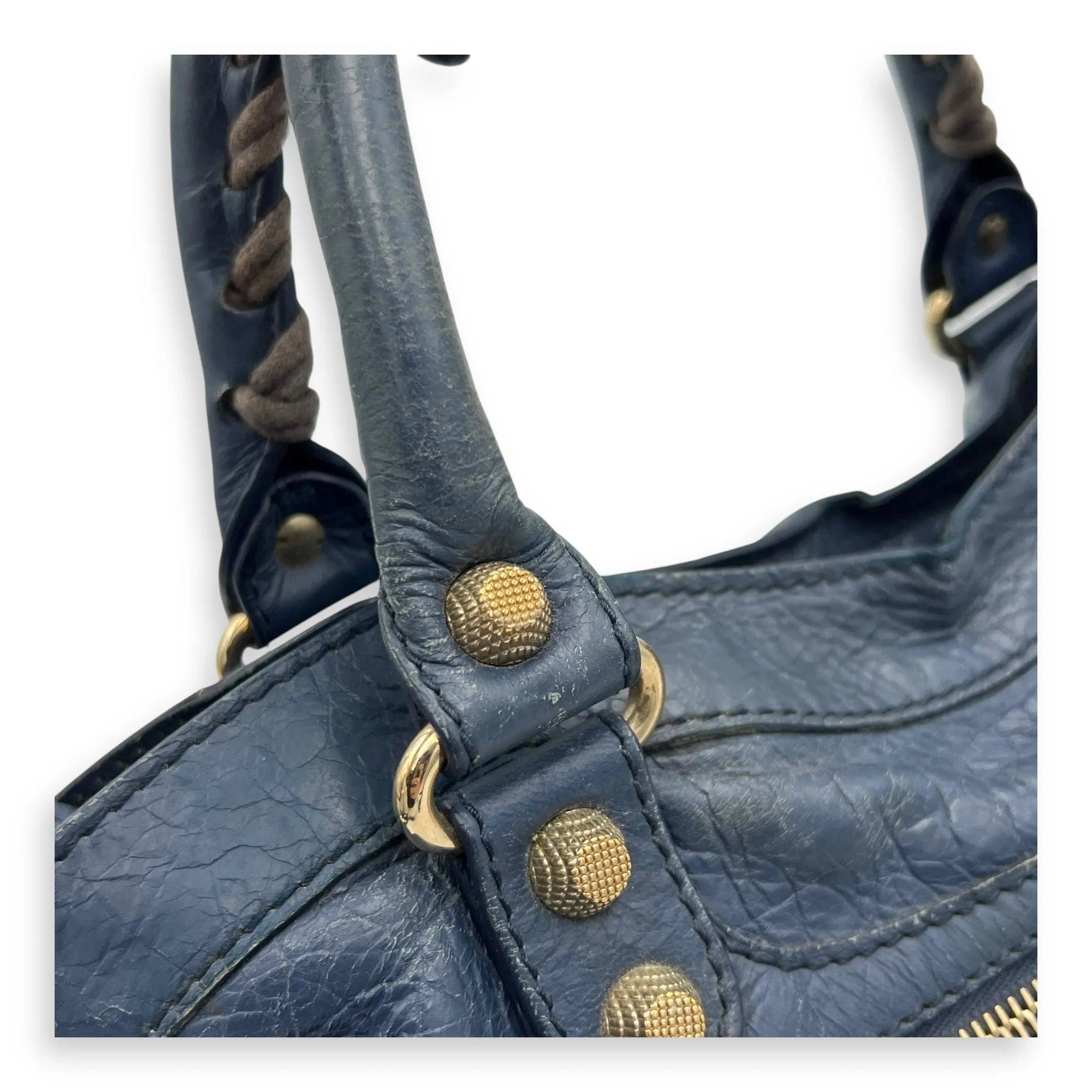 Town Blue Top Handle Bag in Distressed Leather, Gold hardware