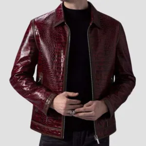 Trendy Burgundy Crocodile Embossed Leather Jacket For Casual Outings