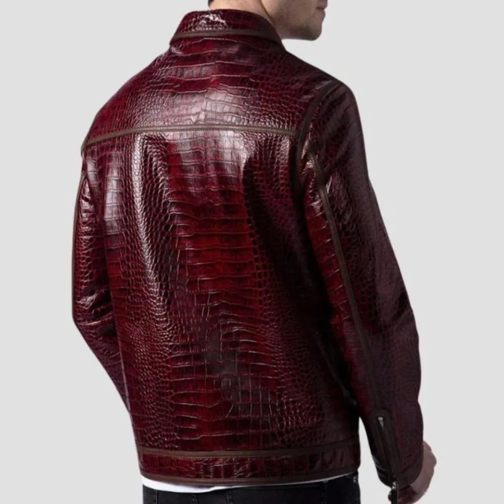Trendy Burgundy Crocodile Embossed Leather Jacket For Casual Outings