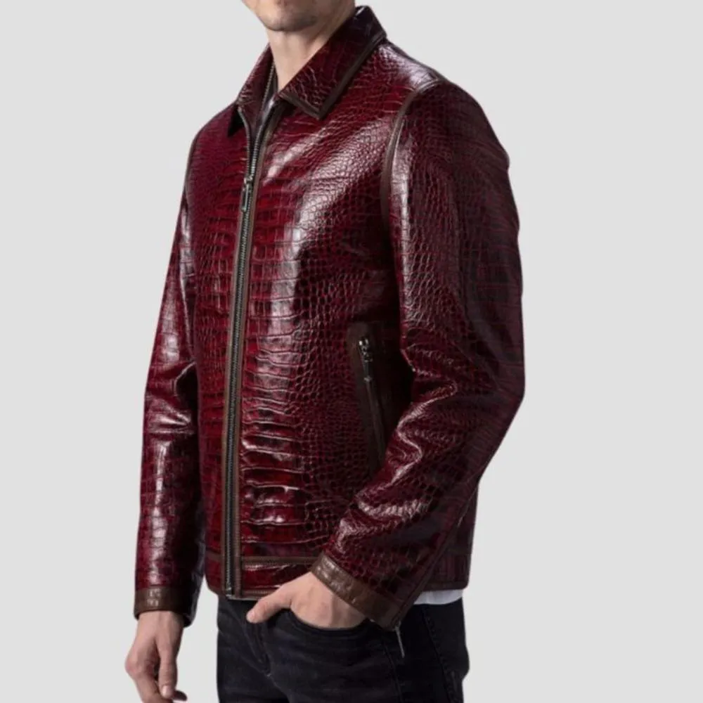 Trendy Burgundy Crocodile Embossed Leather Jacket For Casual Outings