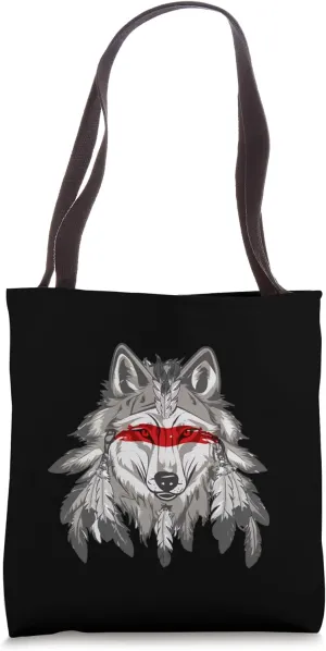Tribal Wolf Ethic Boho Feather Head Native American Hippie Tote Bag