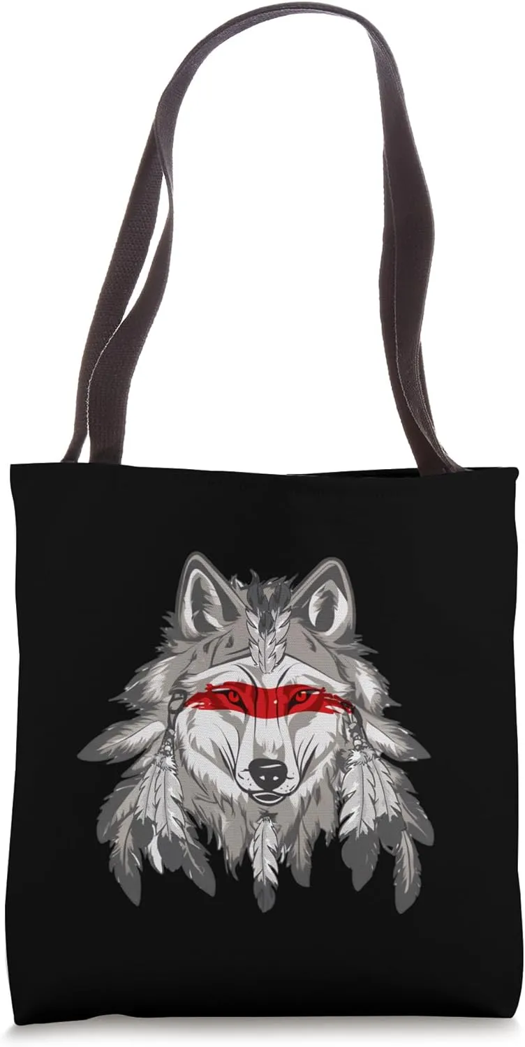 Tribal Wolf Ethic Boho Feather Head Native American Hippie Tote Bag
