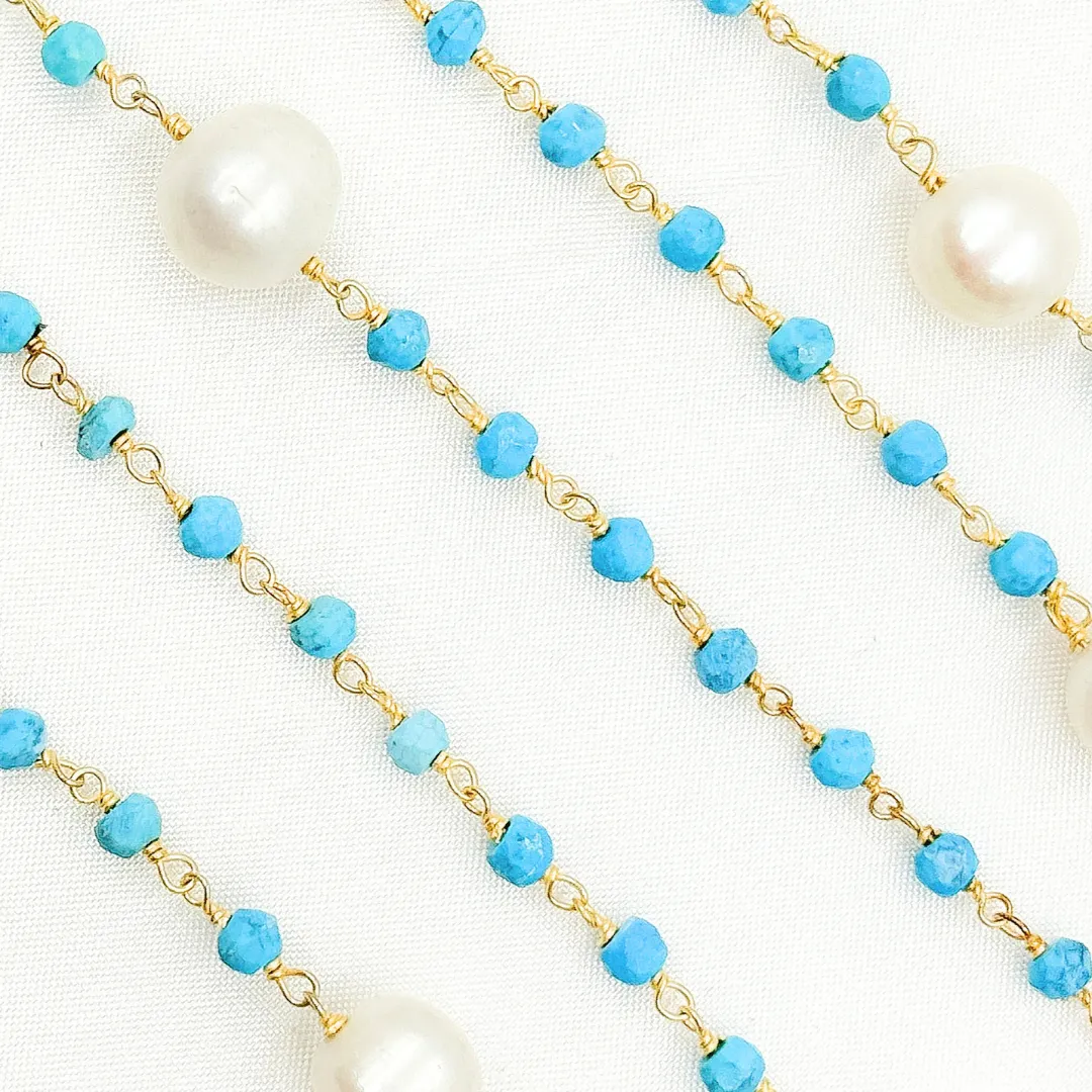Turquoise & Pearl Gold Plated Wire Chain. TRQ44