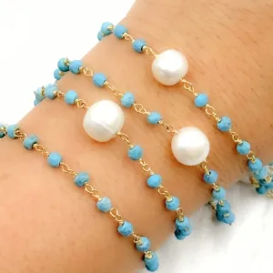 Turquoise & Pearl Gold Plated Wire Chain. TRQ44
