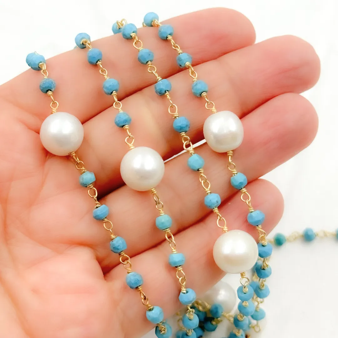 Turquoise & Pearl Gold Plated Wire Chain. TRQ44