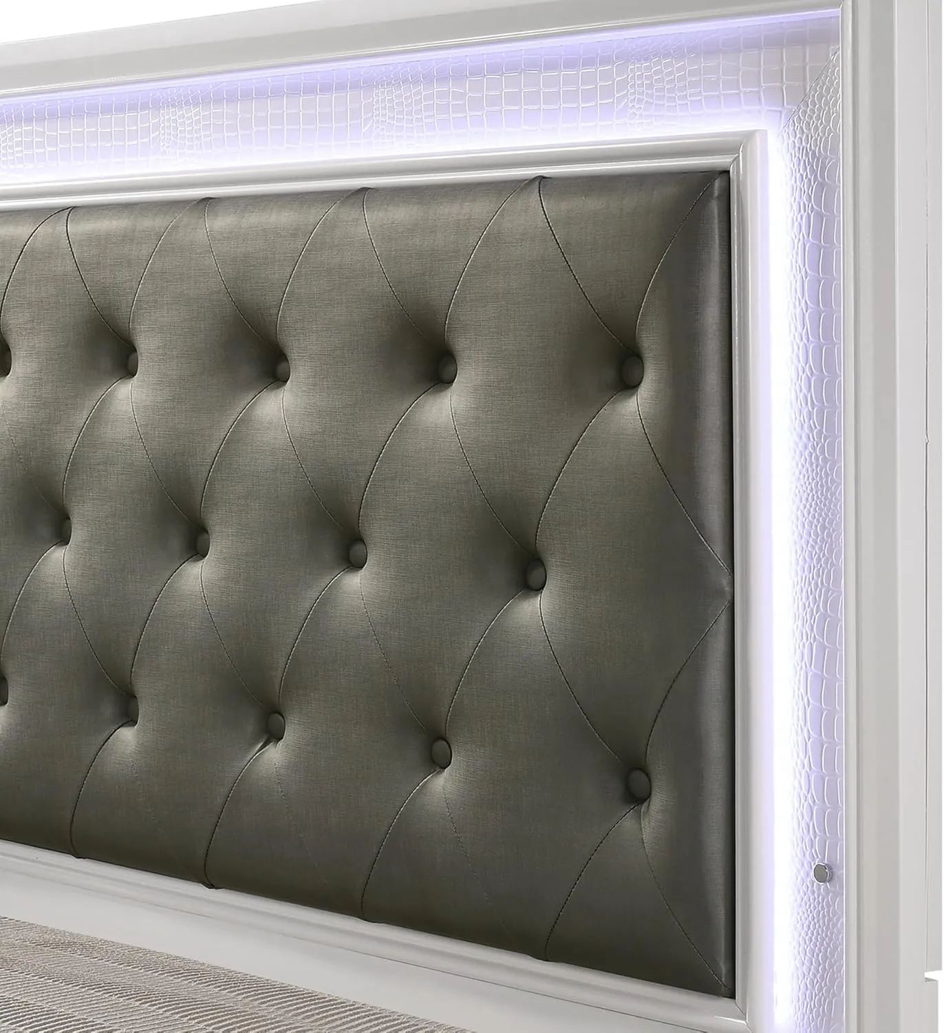 Twin Size Youth Bed with Upholstered Headboard in White Crocodile Skin and -Slip Design Glamorous Upholstery Adjustable Height