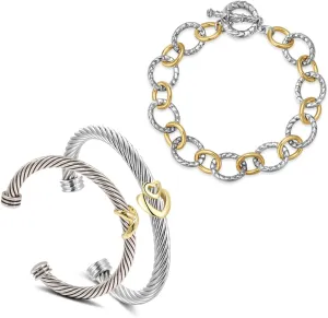 Twisted 3Pcs Cable Cuff Bracelets Set, Trendy Gold and Silver Bangle Two Tone Bracelet Designer Dupes Adjustable Mixed Metal Jewelry for Women (Cuff and Chain C)