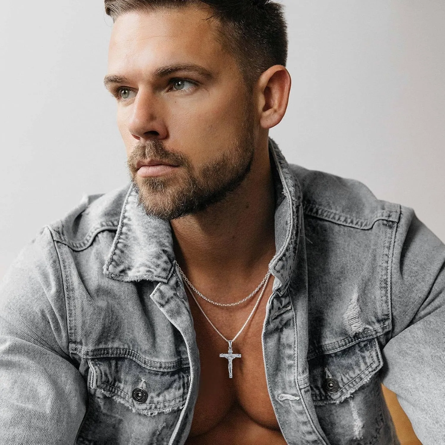 U7 Men Crucifix Cross Pendant with Chain Baptism Christian Jewelry Stainless Steel/18K Gold Antique Jesus Necklace, Gift Packed,Length 22"