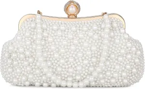 UBORSE Women Pearl Clutch Bag Noble Crystal Beaded Evening Bag Wedding Clutch with Pearl Chain