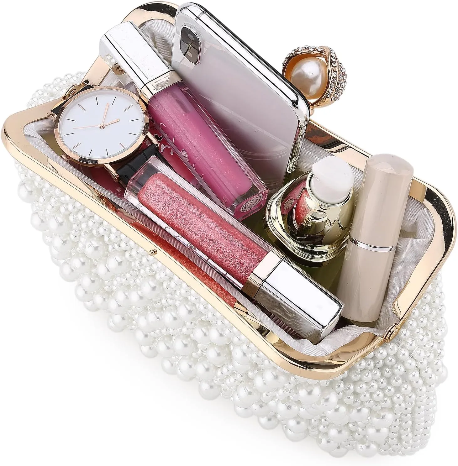 UBORSE Women Pearl Clutch Bag Noble Crystal Beaded Evening Bag Wedding Clutch with Pearl Chain