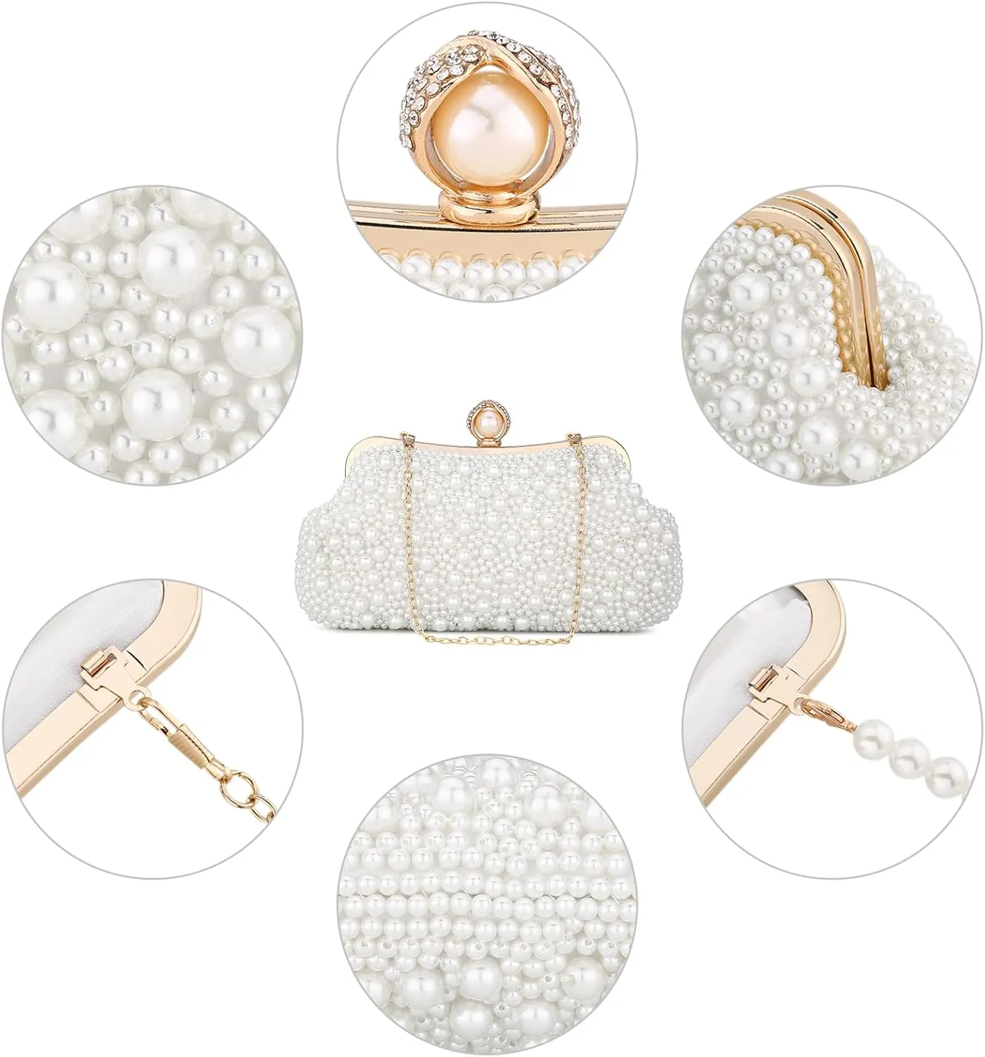 UBORSE Women Pearl Clutch Bag Noble Crystal Beaded Evening Bag Wedding Clutch with Pearl Chain
