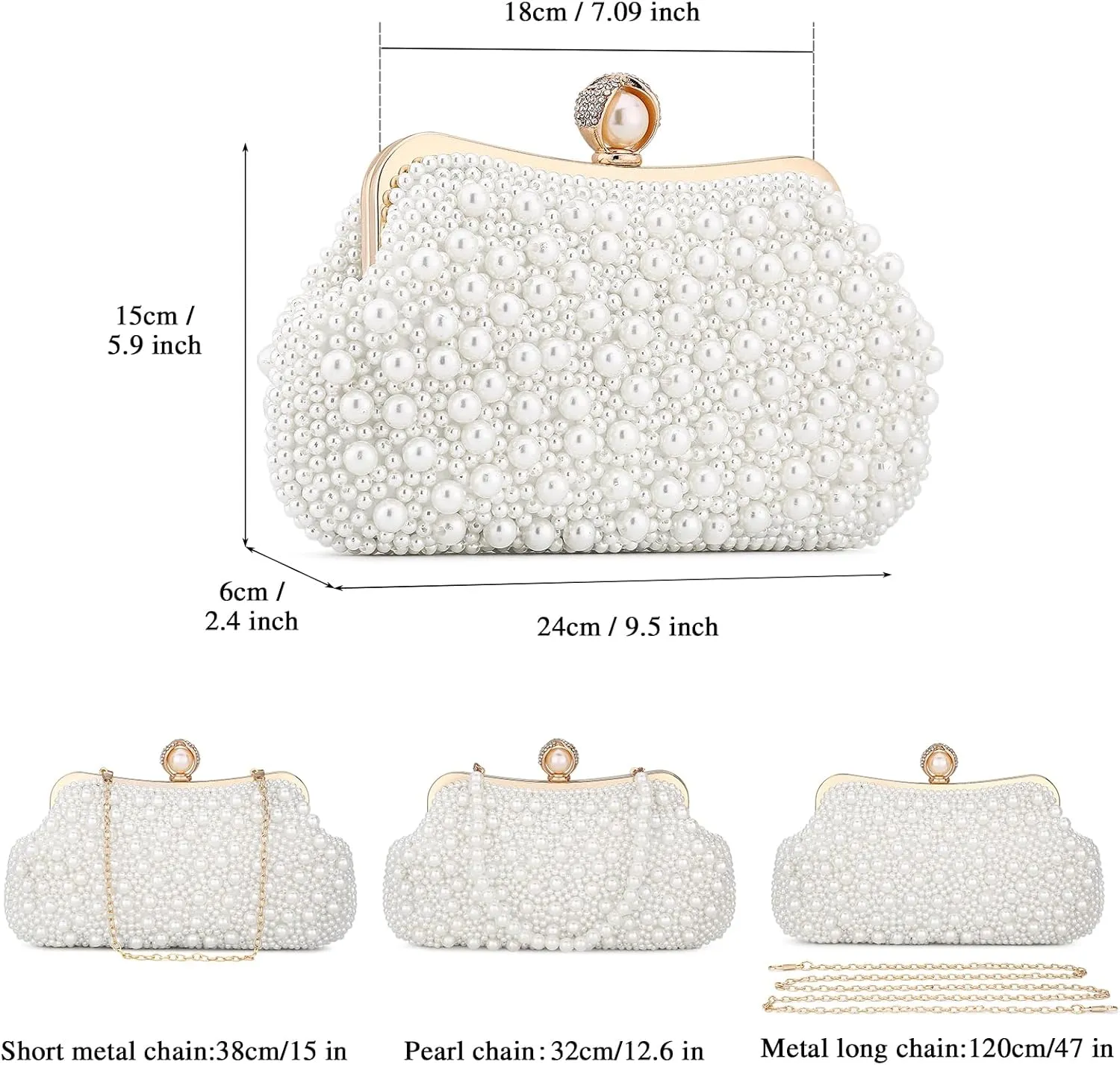 UBORSE Women Pearl Clutch Bag Noble Crystal Beaded Evening Bag Wedding Clutch with Pearl Chain