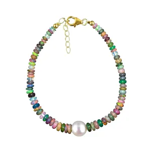 Ultra Fire Multi Ethiopian Opal-Pearl Beads Bangle Women Bracelet Jewelry, Healing Crystals, Birthstone Jewelry Gold Plated Sterling Silver Chain 8" Christmas Gift