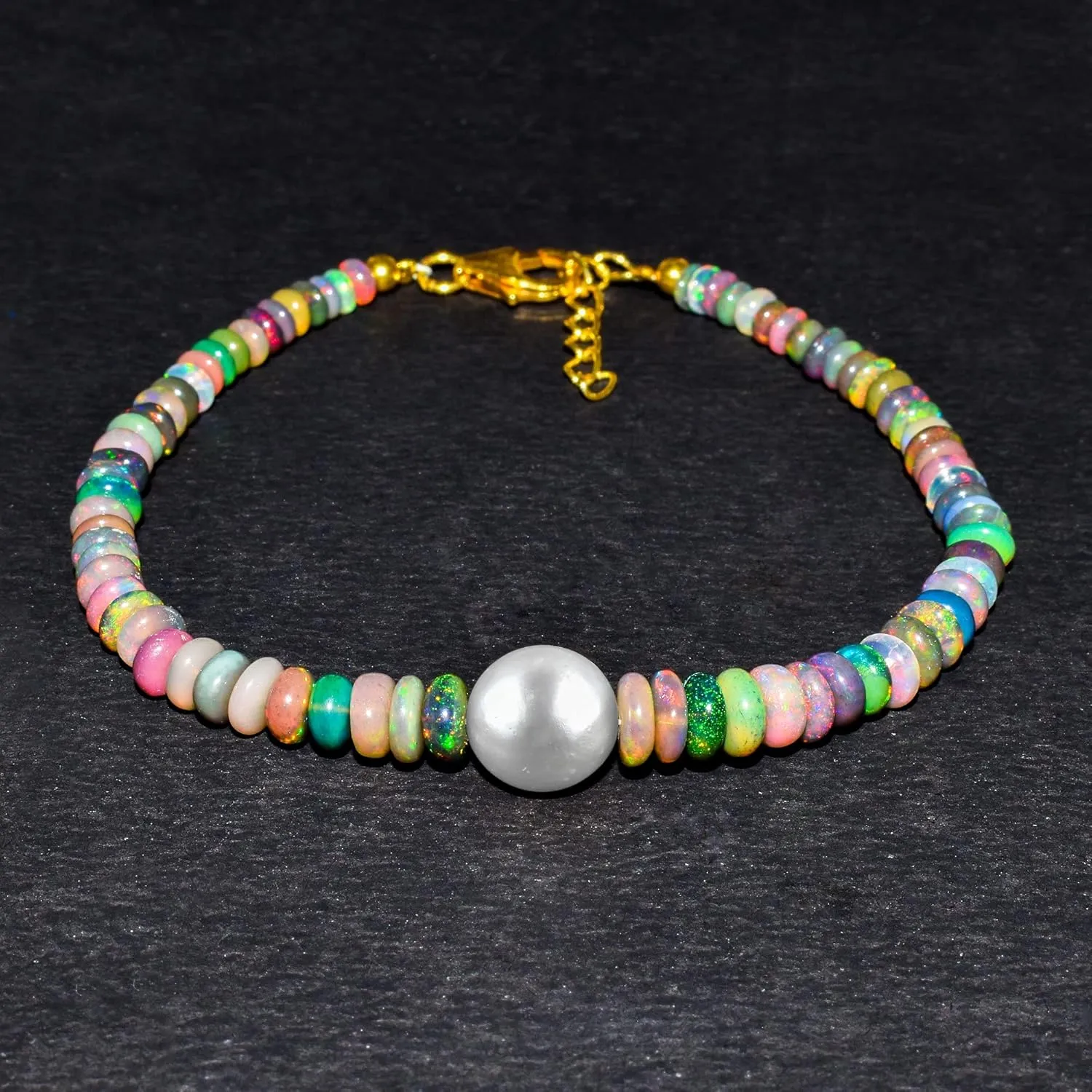 Ultra Fire Multi Ethiopian Opal-Pearl Beads Bangle Women Bracelet Jewelry, Healing Crystals, Birthstone Jewelry Gold Plated Sterling Silver Chain 8" Christmas Gift
