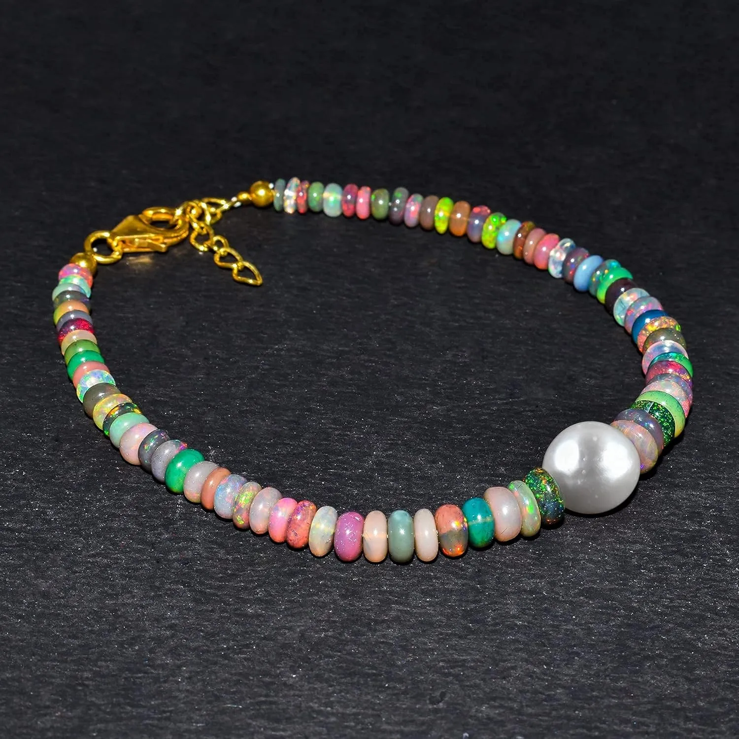 Ultra Fire Multi Ethiopian Opal-Pearl Beads Bangle Women Bracelet Jewelry, Healing Crystals, Birthstone Jewelry Gold Plated Sterling Silver Chain 8" Christmas Gift