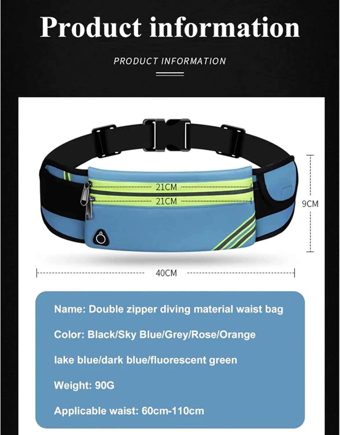 Ultra-thin running belt waist bag hiking cycling exercise waist bag reflective belt travel mobile phone holder 1pc (Double zipper, sky blue)