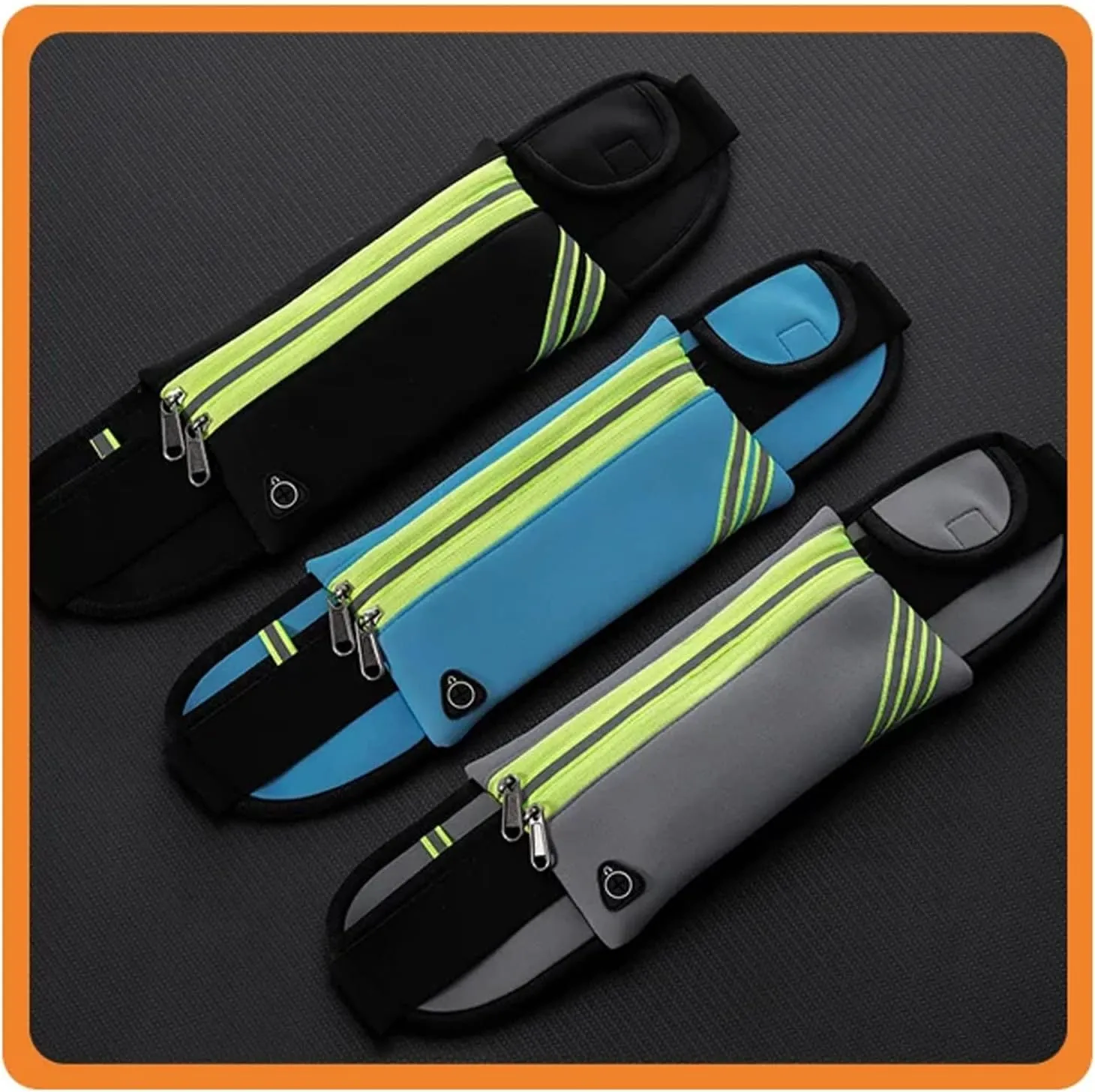 Ultra-thin running belt waist bag hiking cycling exercise waist bag reflective belt travel mobile phone holder 1pc (Double zipper, sky blue)