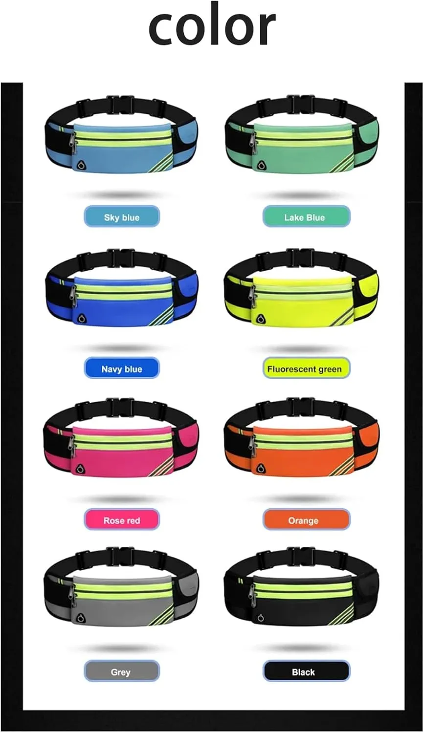 Ultra-thin running belt waist bag hiking cycling exercise waist bag reflective belt travel mobile phone holder 1pc (Double zipper, sky blue)