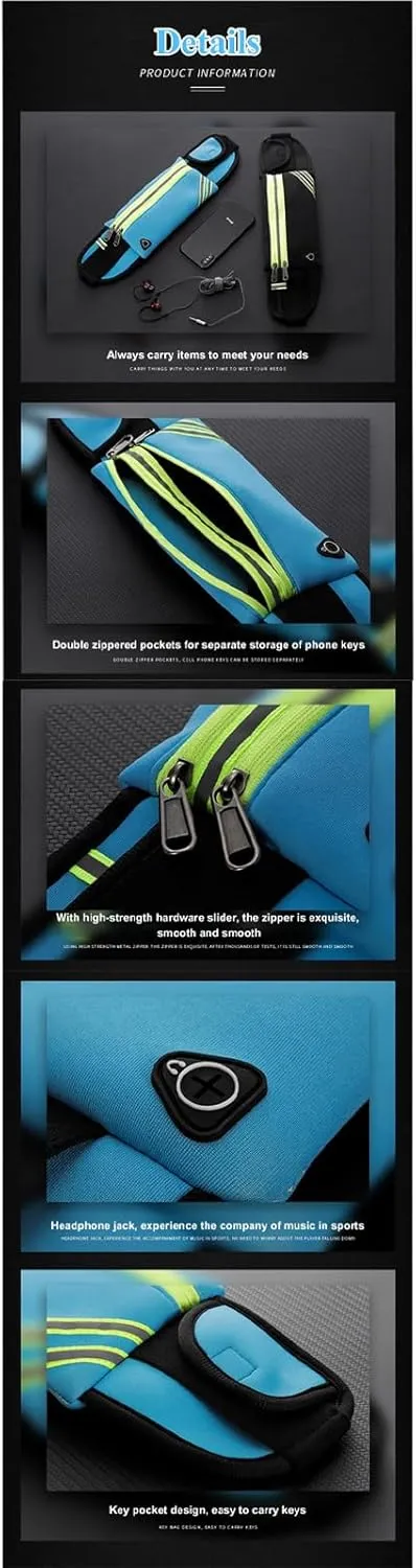 Ultra-thin running belt waist bag hiking cycling exercise waist bag reflective belt travel mobile phone holder 1pc (Double zipper, sky blue)