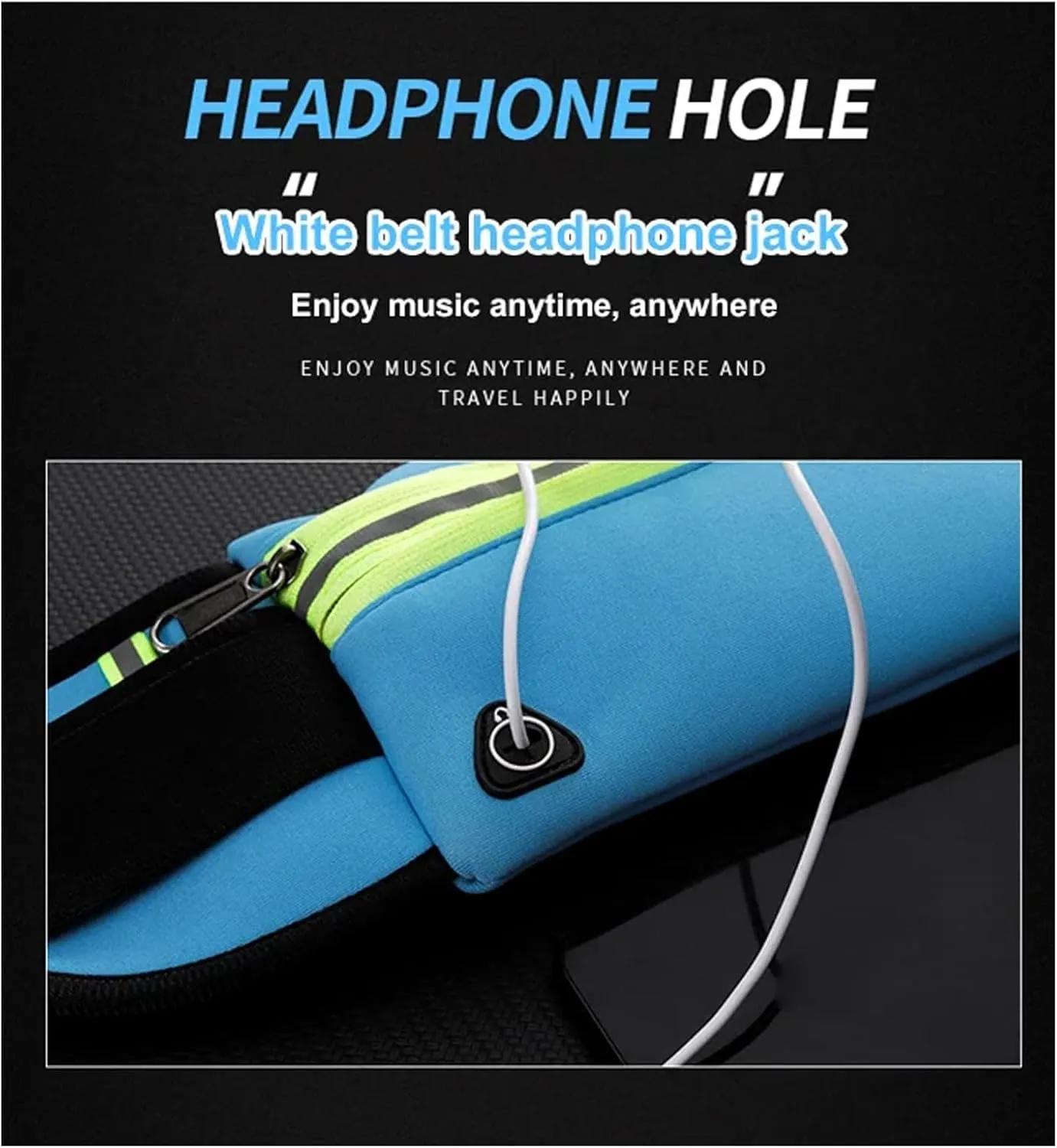 Ultra-thin running belt waist bag hiking cycling exercise waist bag reflective belt travel mobile phone holder 1pc (Double zipper, sky blue)