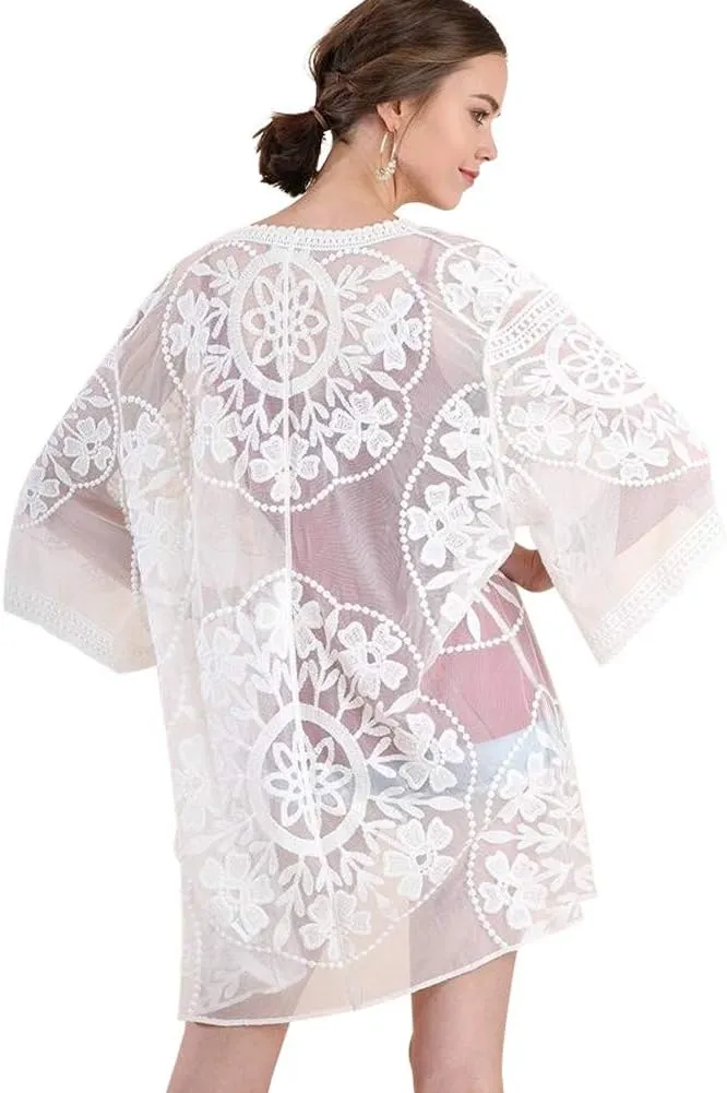 Umgee Oh Sweet Lace! Floral Lace Open Front Kimono with Waist Tie