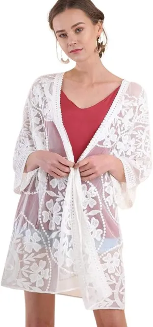 Umgee Oh Sweet Lace! Floral Lace Open Front Kimono with Waist Tie