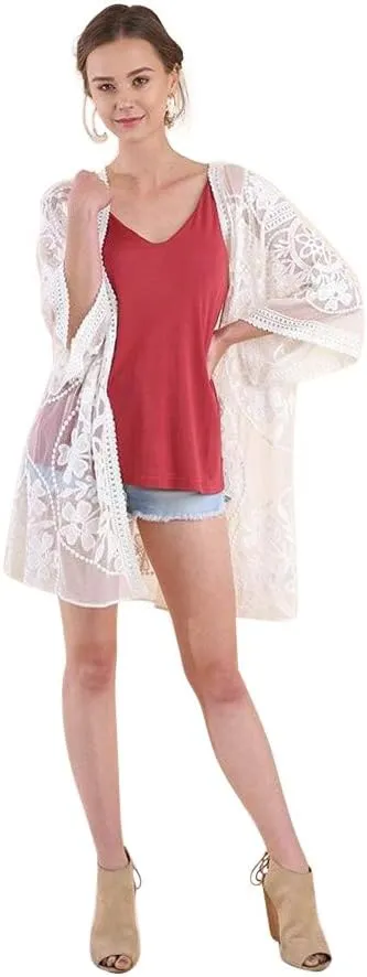 Umgee Oh Sweet Lace! Floral Lace Open Front Kimono with Waist Tie