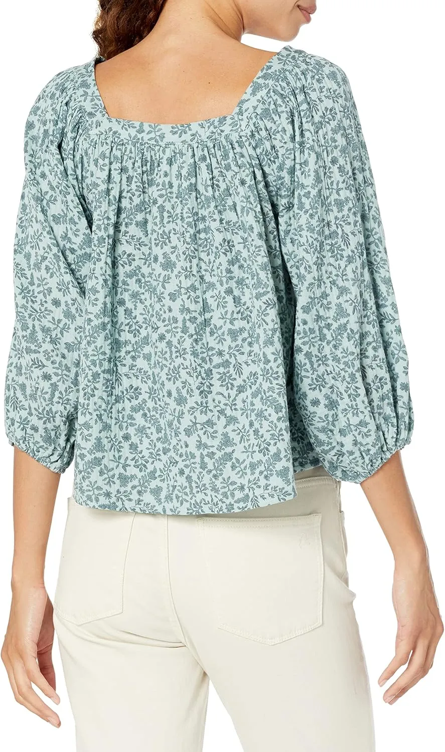 UNIONBAY Women's Floral Print Square Neck Crinkle Gauze Top