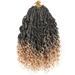 Unionbeauty 8 Packs Boho Box Braids Crochet Hair 10 Inch Bohemian Box Braids for Kids Boho Braids Goddess Box Braids Crochet Hair with Curly Ends Ombre Brown Crochet Box Braids for Black Woman T27#