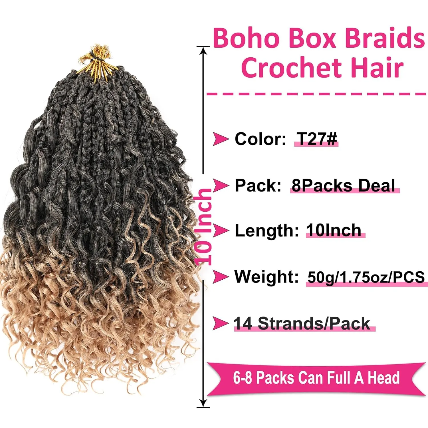 Unionbeauty 8 Packs Boho Box Braids Crochet Hair 10 Inch Bohemian Box Braids for Kids Boho Braids Goddess Box Braids Crochet Hair with Curly Ends Ombre Brown Crochet Box Braids for Black Woman T27#
