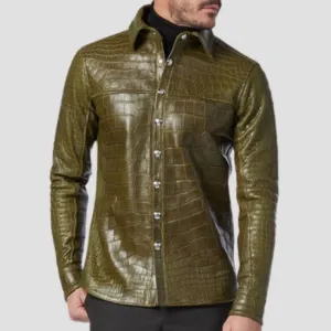 Unique Green Crocodile Embossed Leather Shirt For Men
