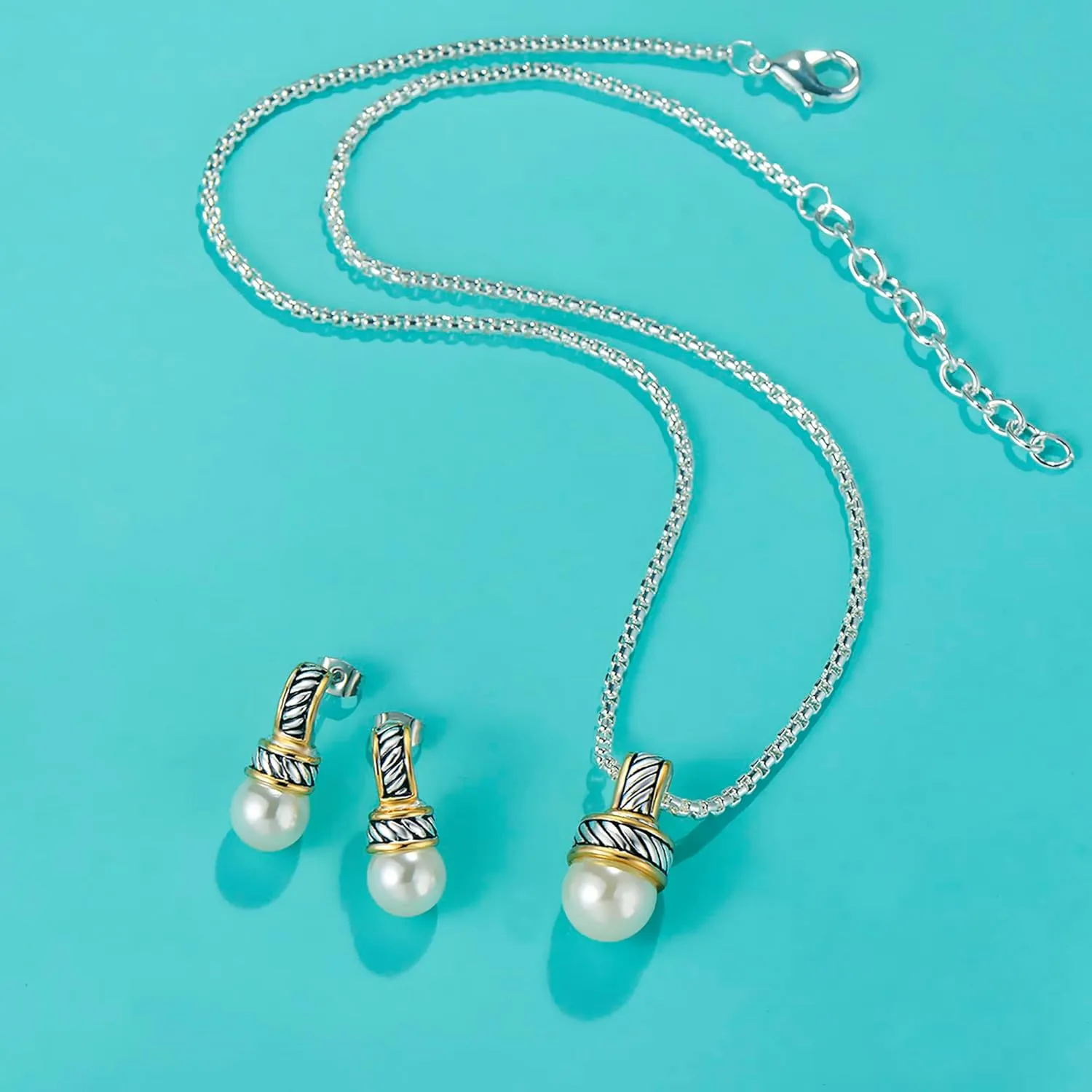 UNY JEWEL Two Tone Twisted Cable Wire 12mm Imitation Pearl 2.5mm Box Chain 45CM 5CM Women Pendant Necklace Christmas Gifts