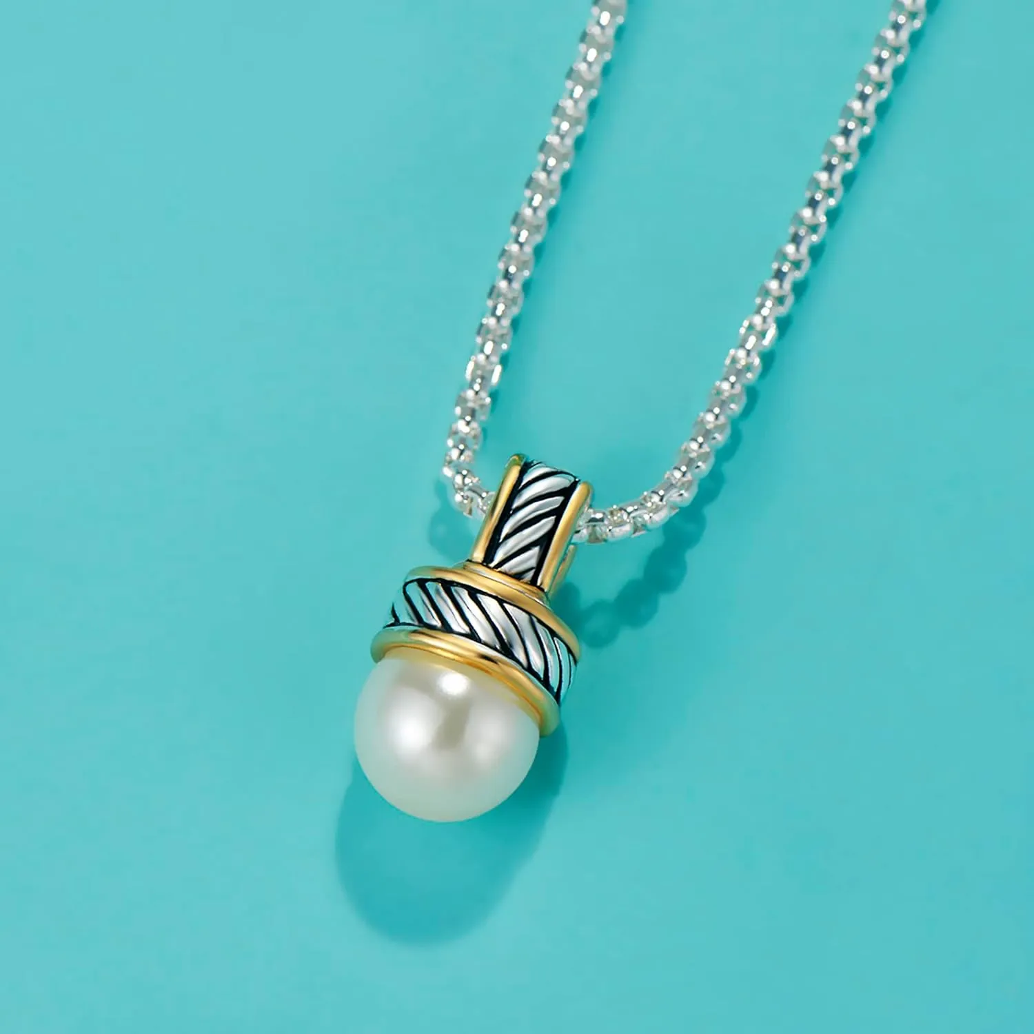 UNY JEWEL Two Tone Twisted Cable Wire 12mm Imitation Pearl 2.5mm Box Chain 45CM 5CM Women Pendant Necklace Christmas Gifts