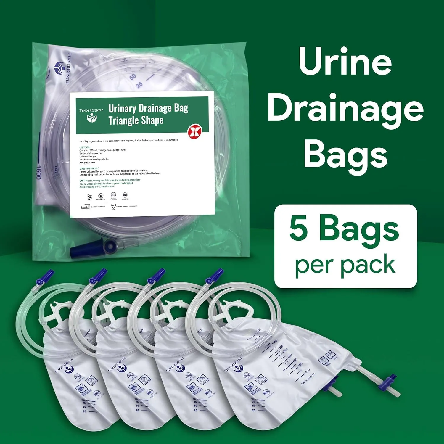 Urine Catheter Bags for Men and Women - 5 2000ml Overnight Bedside Drainage Bag - Sterile and Disposable Triangle Urine Bags