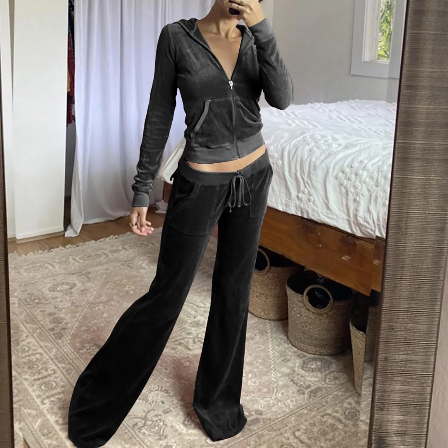 Velour Tracksuit Womens Two Piece Lounge Set Long Sleeve Zip up Hooded Jacket Wide Leg Pants Y2k Sweatsuit Set