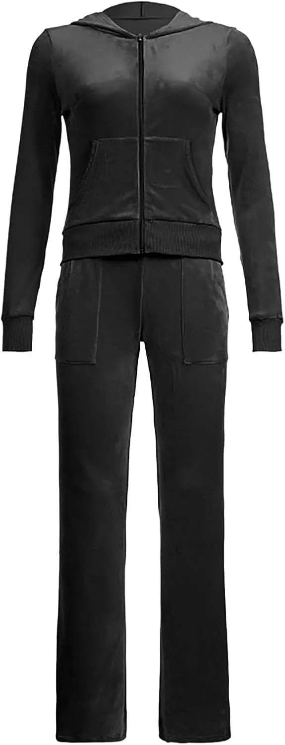 Velour Tracksuit Womens Two Piece Lounge Set Long Sleeve Zip up Hooded Jacket Wide Leg Pants Y2k Sweatsuit Set