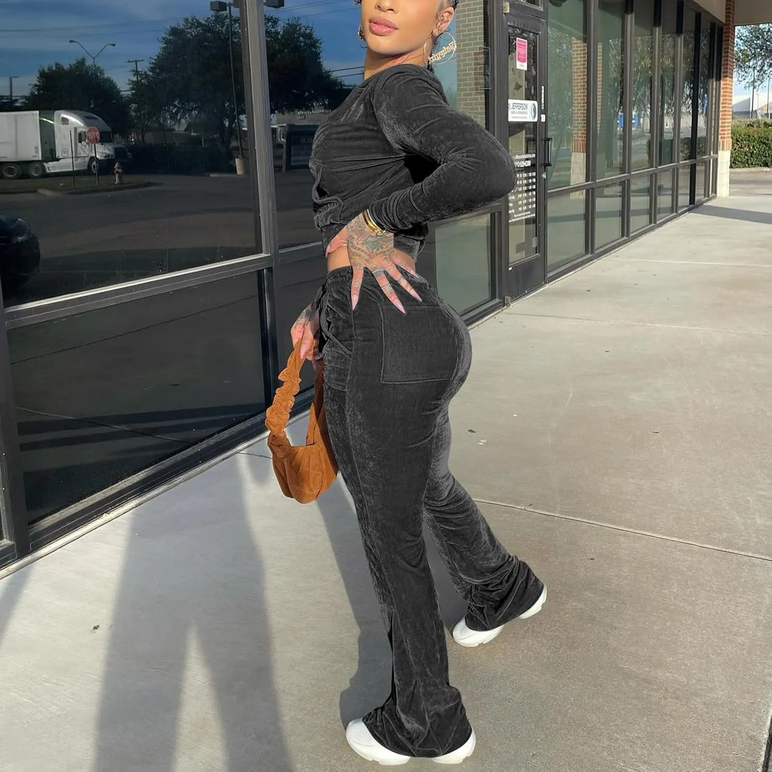 Velour Tracksuit Womens Two Piece Lounge Set Long Sleeve Zip up Hooded Jacket Wide Leg Pants Y2k Sweatsuit Set
