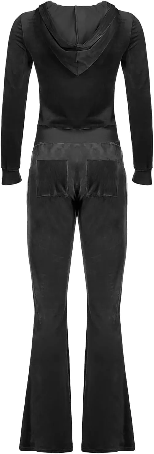 Velour Tracksuit Womens Two Piece Lounge Set Long Sleeve Zip up Hooded Jacket Wide Leg Pants Y2k Sweatsuit Set