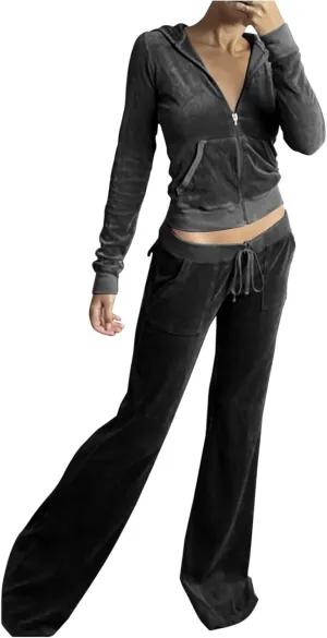 Velour Tracksuit Womens Two Piece Lounge Set Long Sleeve Zip up Hooded Jacket Wide Leg Pants Y2k Sweatsuit Set