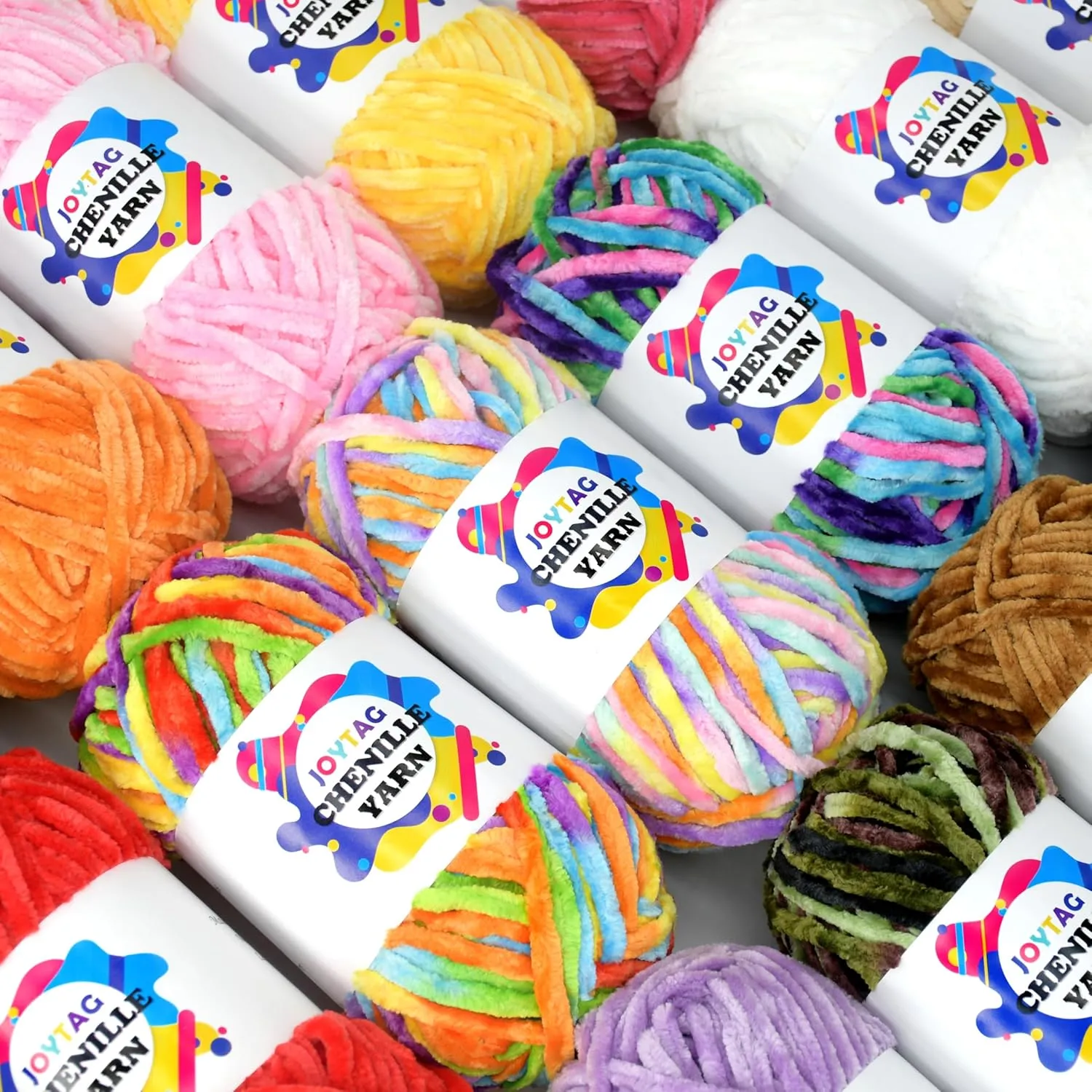Velvet Chenille Yarn for Crocheting & Knitting - Soft, Thick, Bulky, Chunky Green Velvet Yarn - 3 x 100g