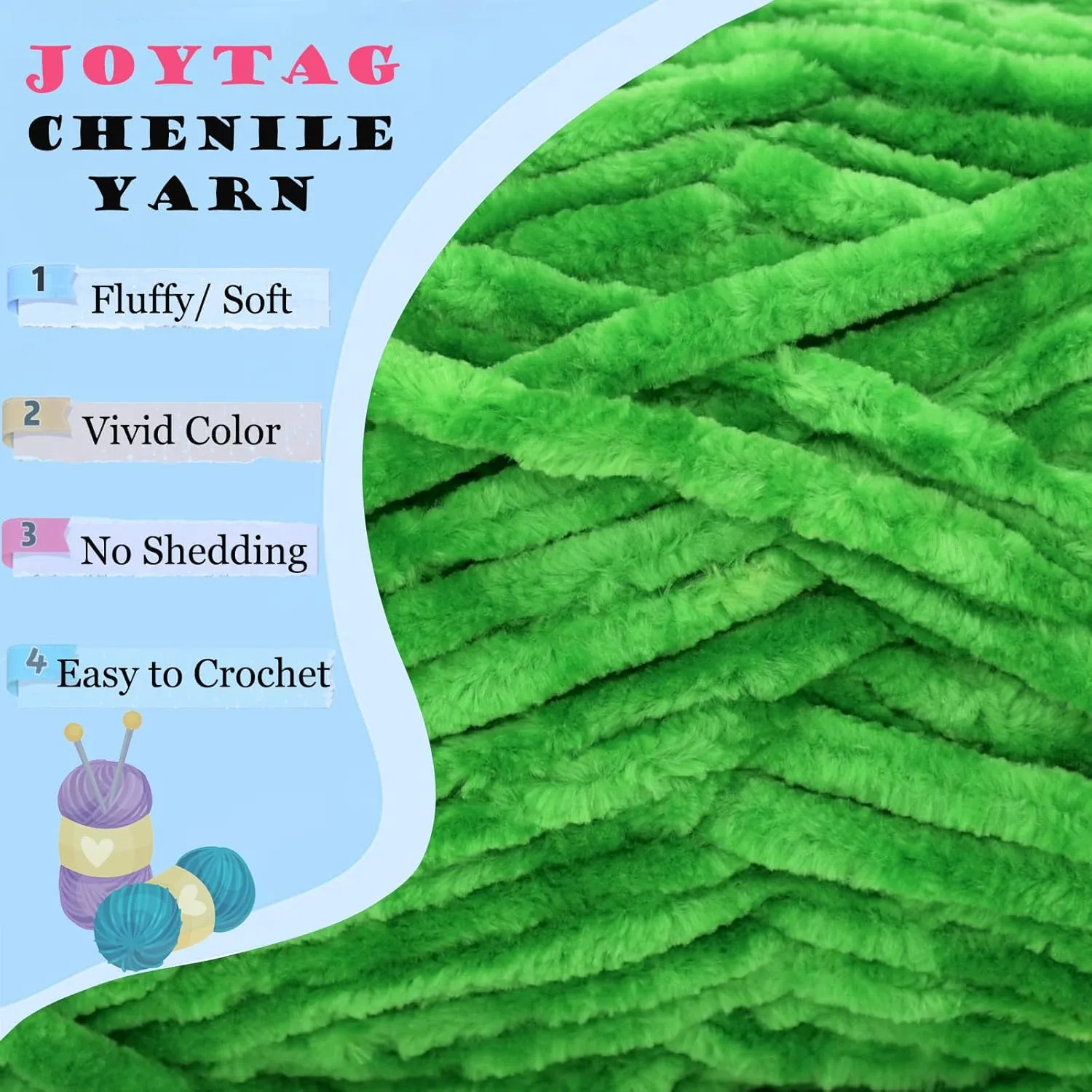 Velvet Chenille Yarn for Crocheting & Knitting - Soft, Thick, Bulky, Chunky Green Velvet Yarn - 3 x 100g