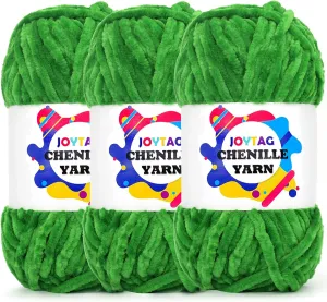 Velvet Chenille Yarn for Crocheting & Knitting - Soft, Thick, Bulky, Chunky Green Velvet Yarn - 3 x 100g