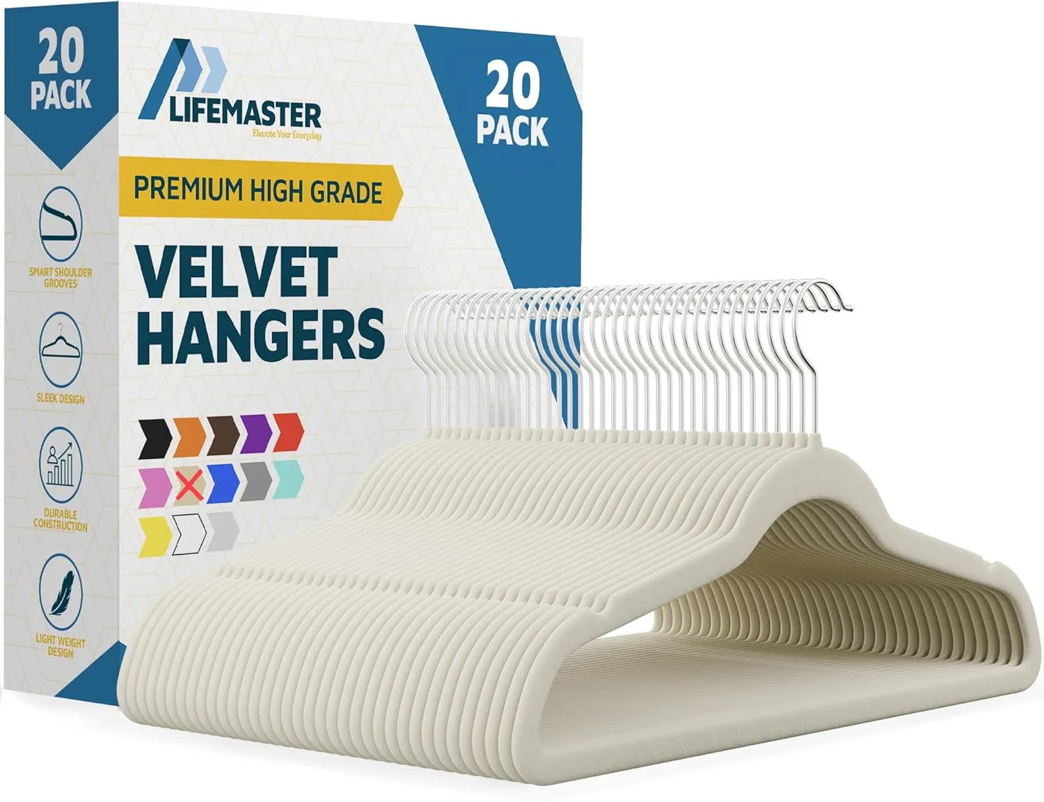 Velvet Non-Slip Hangers - 20 Pieces Non-slip Coat Hanger Set with 360° Swivel Hook, Space-Saving, Sleek Design, Keep Closet Organized, Smooth Velvet Finish, Lightweight Construction - Ivory