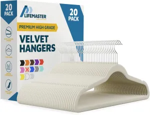 Velvet Non-Slip Hangers - 20 Pieces Non-slip Coat Hanger Set with 360° Swivel Hook, Space-Saving, Sleek Design, Keep Closet Organized, Smooth Velvet Finish, Lightweight Construction - Ivory