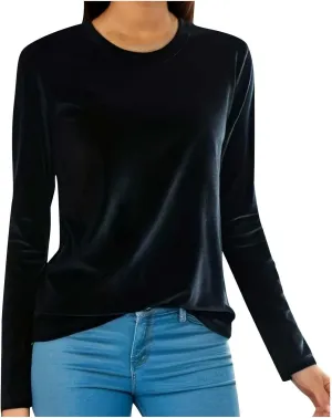 Velvet Tops for Women Long Sleeve Crewneck Soft Velvet Blouse Lightweight Casual Fashion Tshirts