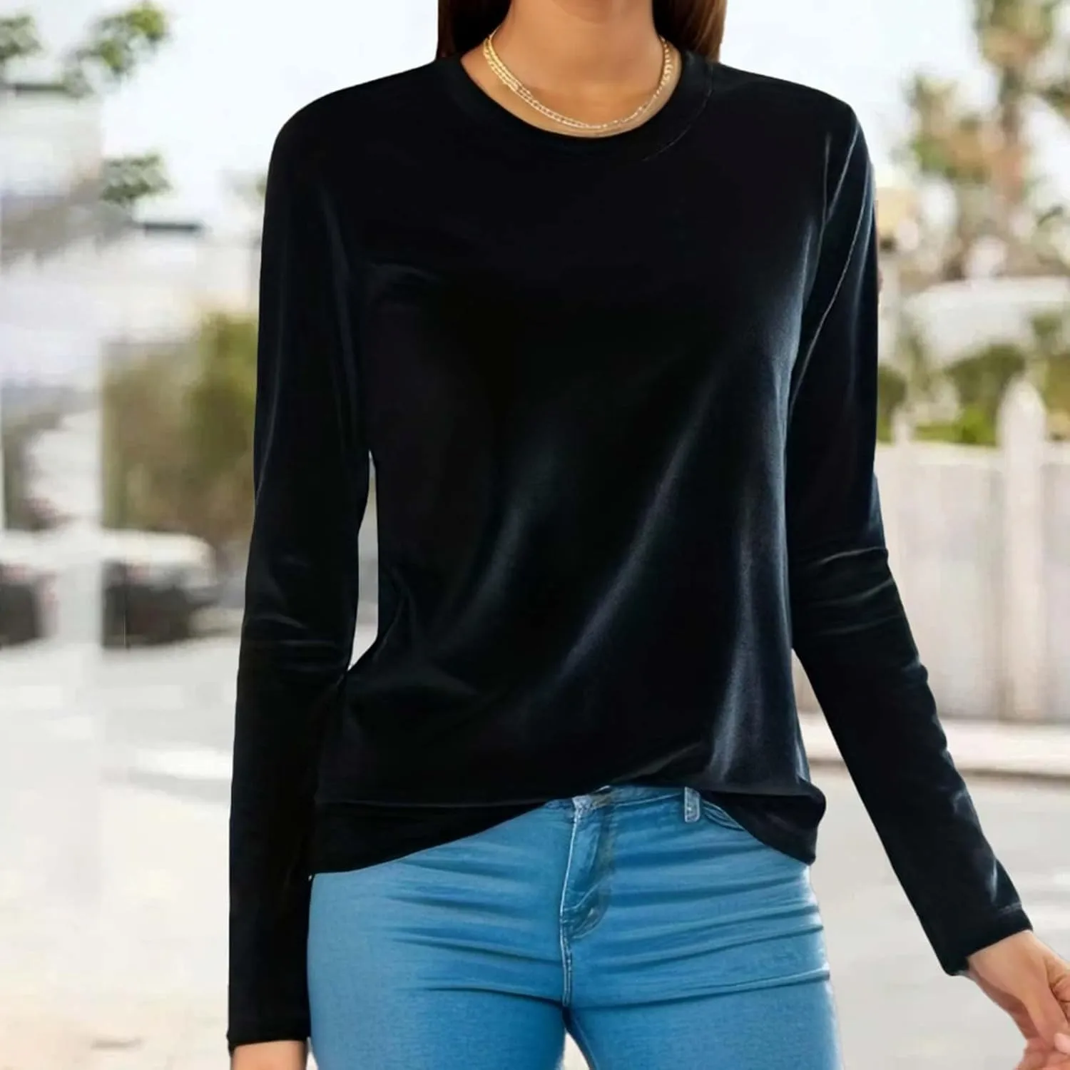 Velvet Tops for Women Long Sleeve Crewneck Soft Velvet Blouse Lightweight Casual Fashion Tshirts